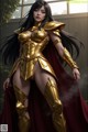 A woman in a golden armor with a red cape.