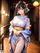 A woman in a blue kimono is posing for a picture.